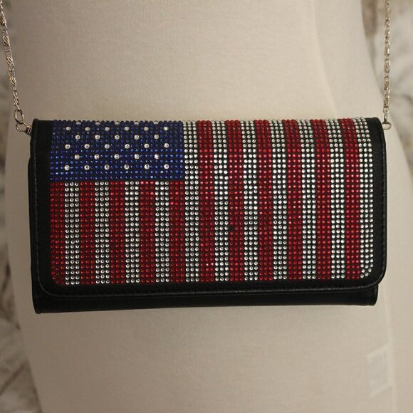 Patriotic Red White Blue Rhinestone Bling Black Hobo Crossbody Mini Shoulder Bag - Picture 10 of 11
